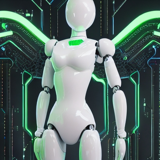 An A.I. generated image of what this sleek humanoid robot may have looked like. The photo depicts a robot covered with shiny white plastic, a blank white face, and arms and legs standing in front of a cyberpunk green circuit board background texture.