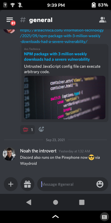 Screenshot of Discord (Android) running on Mobian